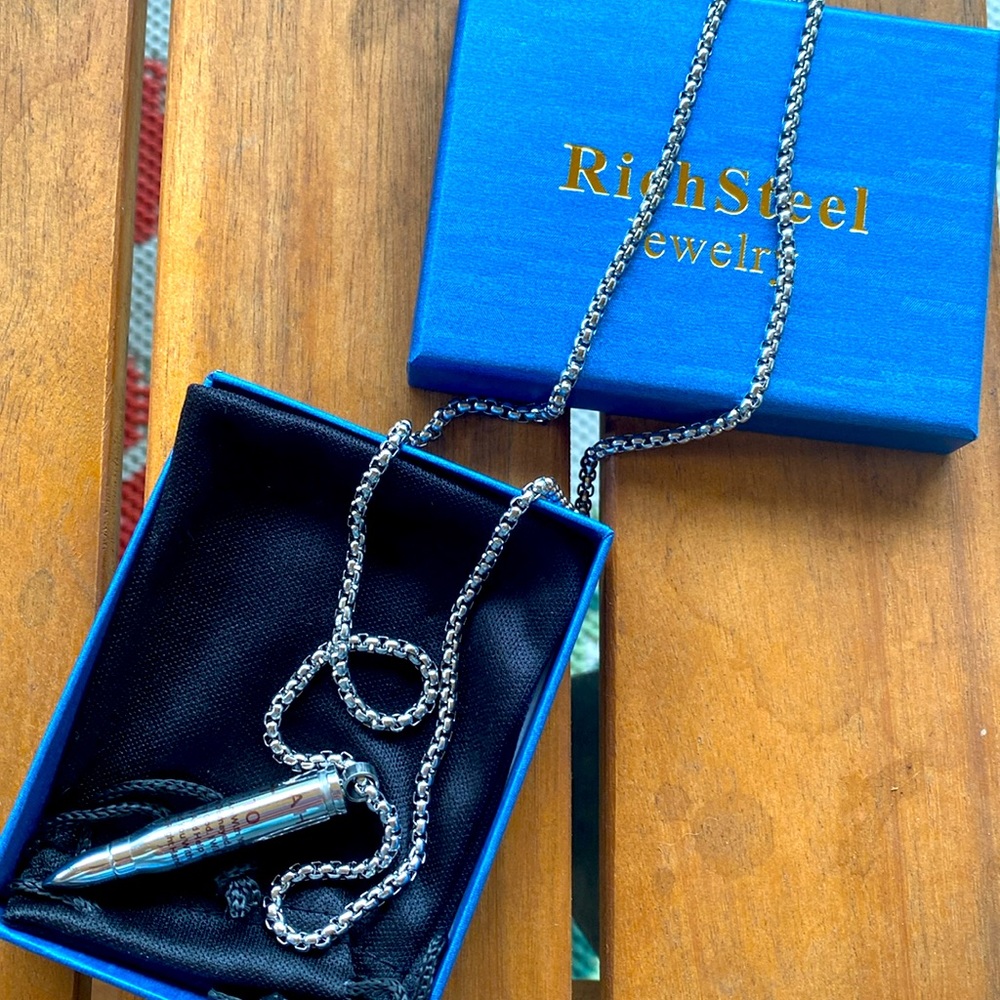 NIB Stainless Steel Open Bullet Pendant Necklace Unisex Cross Scripture Locket